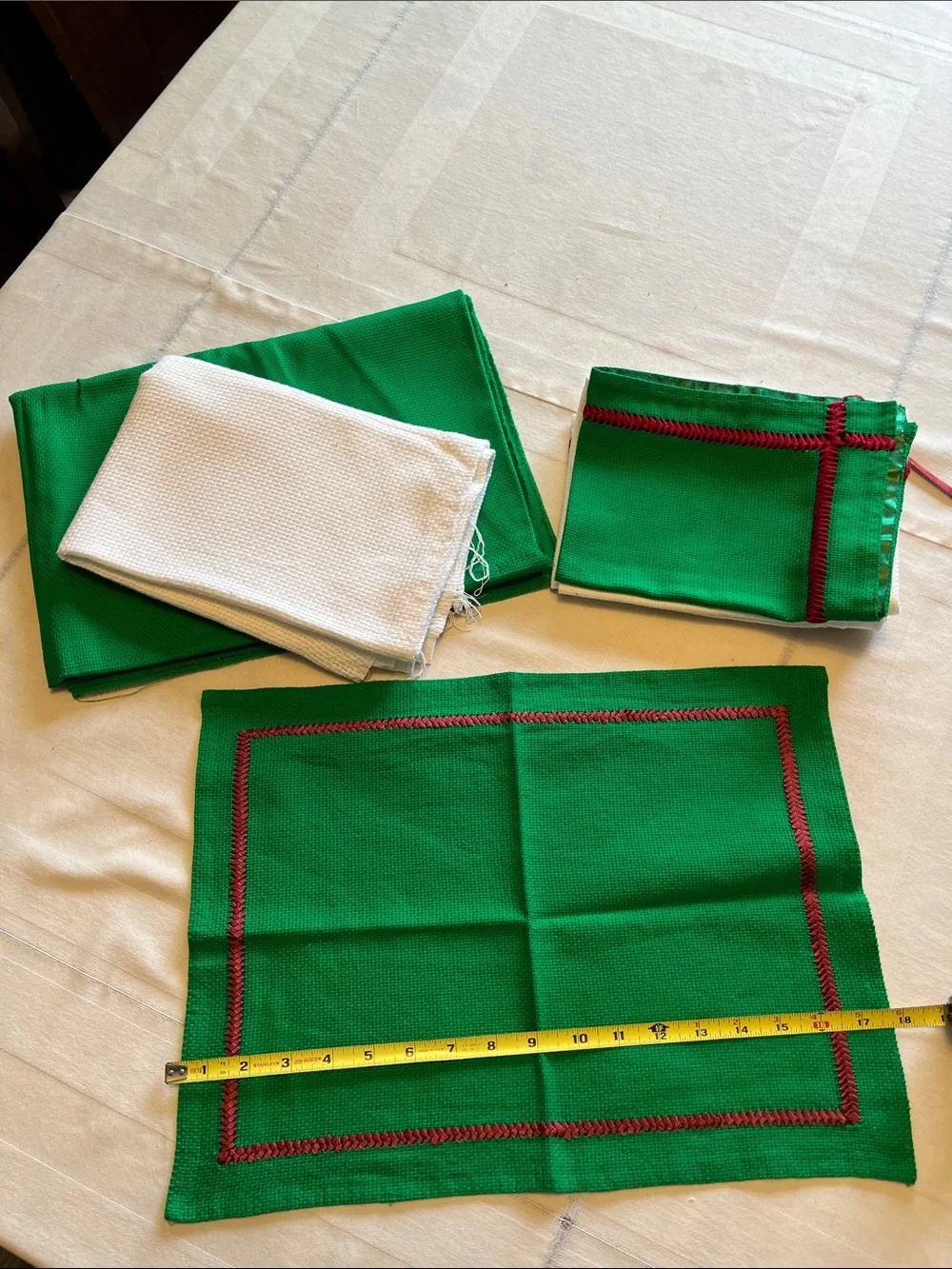 Two Green and White Waffle-Knit Textured Fabrics and 5 Unfinished Cloths
